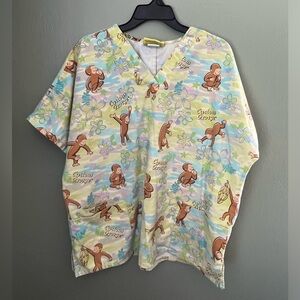 Curious George Size Large Scrub Top Blue Green Tropical Print Nurse Dentist